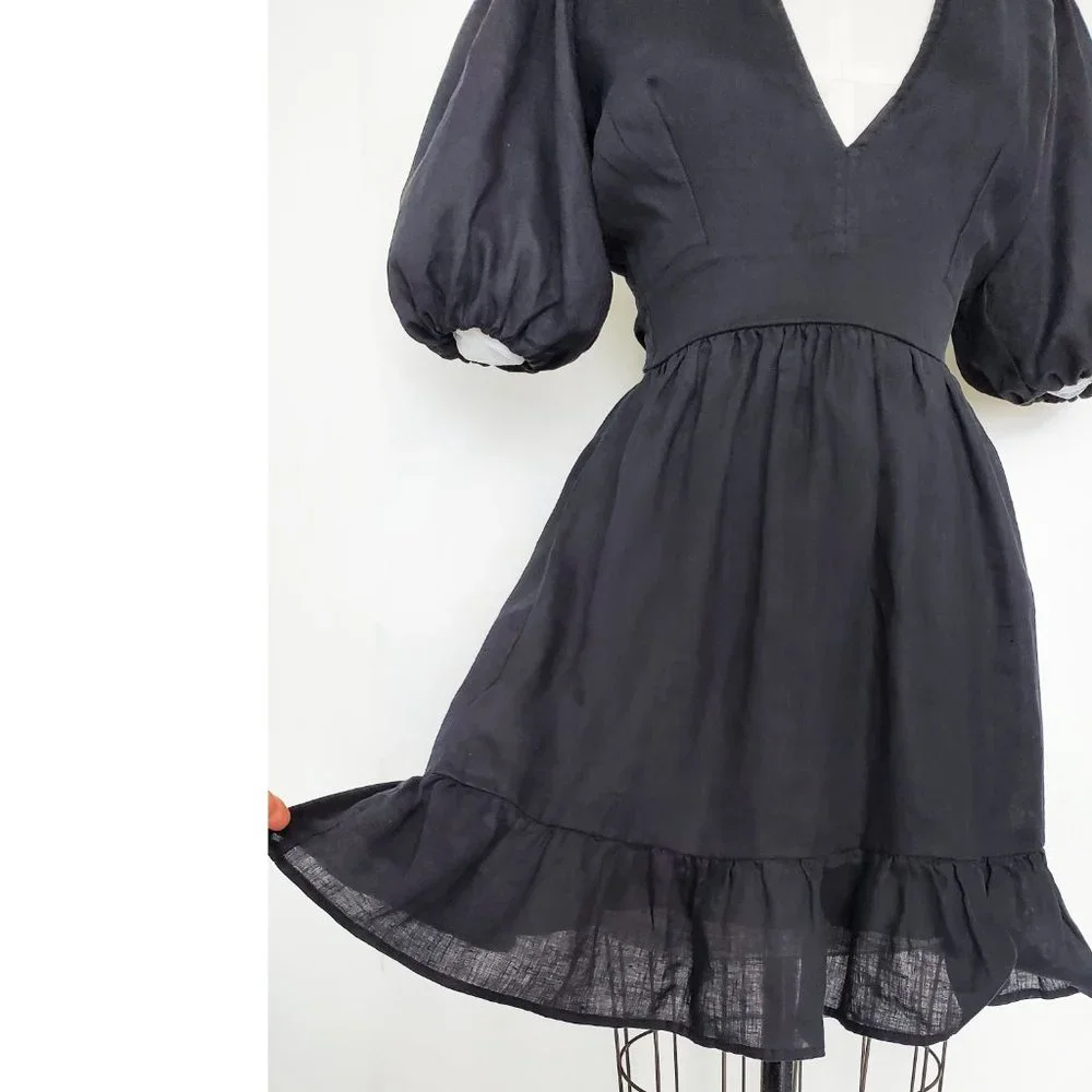 Faithfull The Brand Womens Black Linen Tie Back Dress Balloon Sleeves 6 - Picture 4 of 11